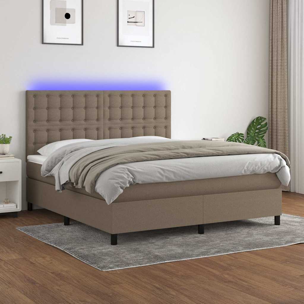 Krevet box spring s madracem LED smeđesivi 160x200 cm tkanina