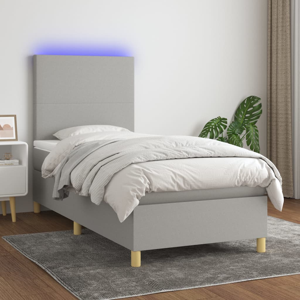 Krevet box spring s madracem LED svjetlosivi 90x200 cm tkanina