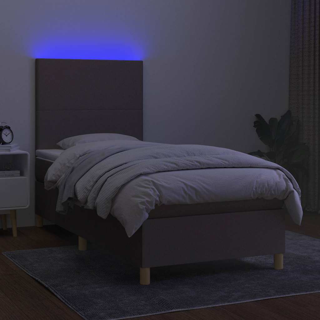 Krevet box spring s madracem LED smeđesivi 100x200 cm tkanina