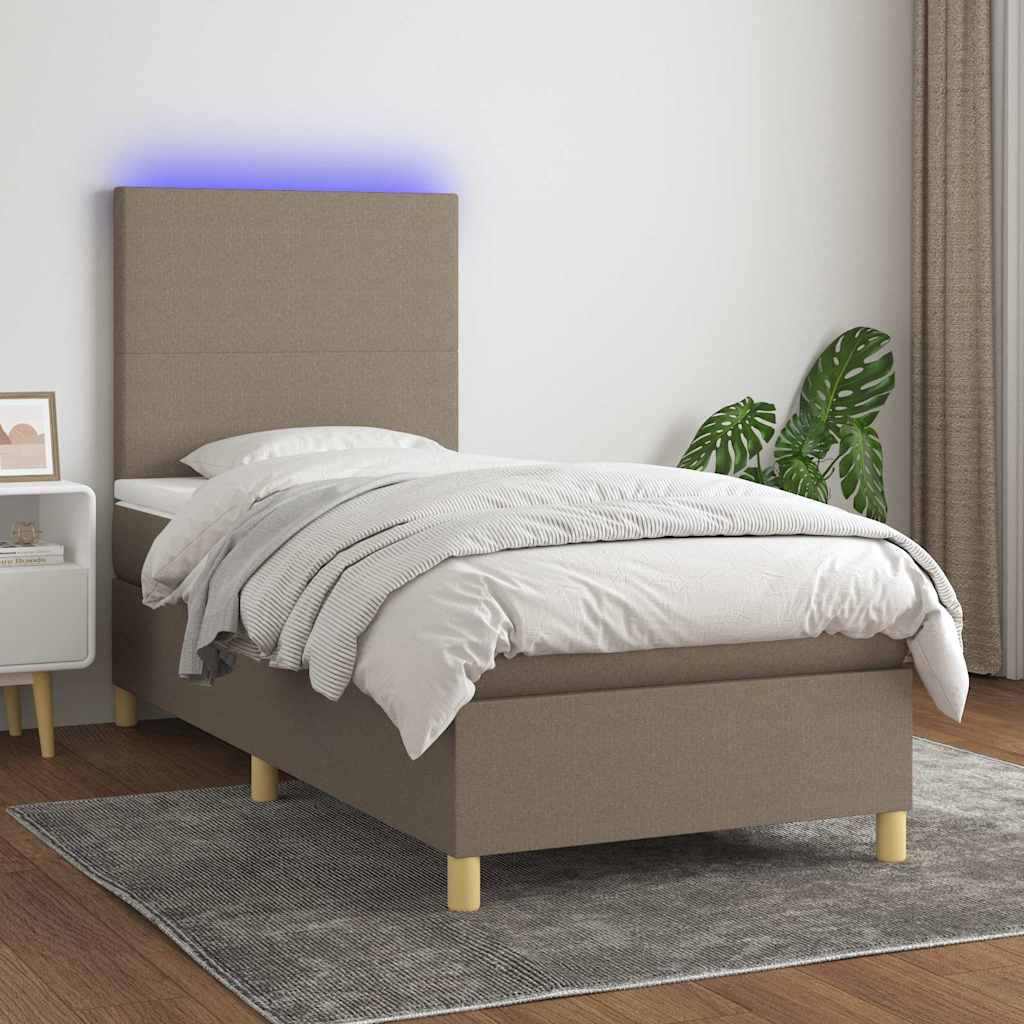 Krevet box spring s madracem LED smeđesivi 100x200 cm tkanina
