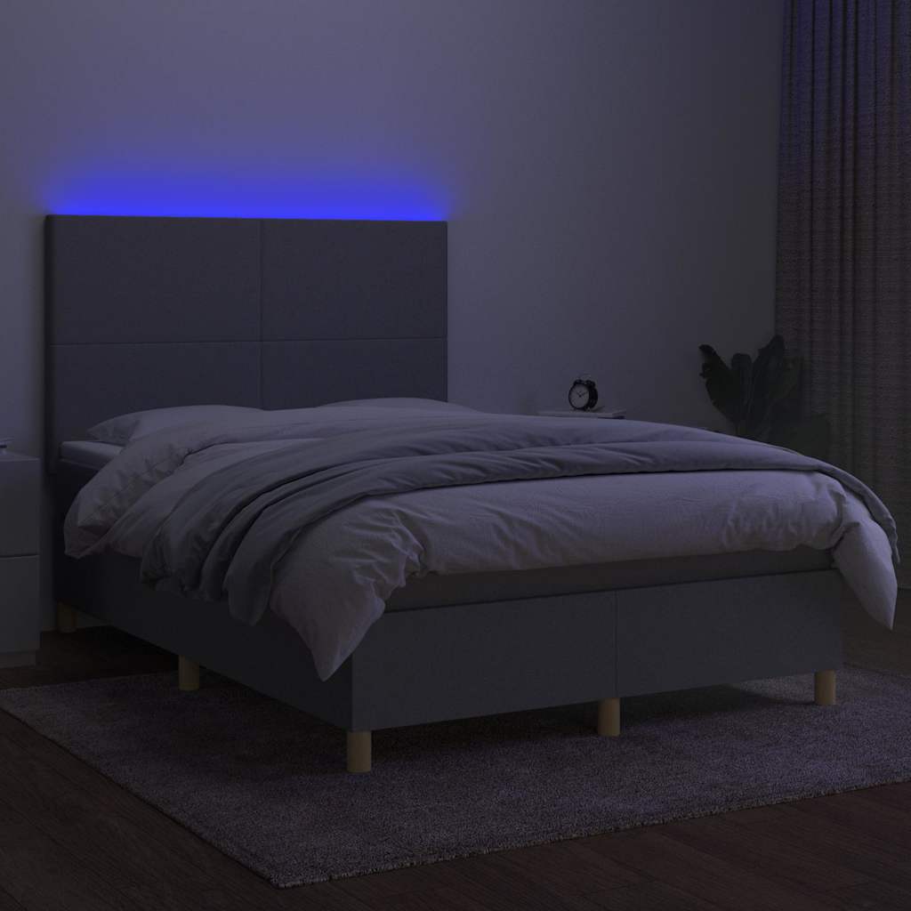Krevet box spring s madracem LED svjetlosivi 140x190 cm tkanina