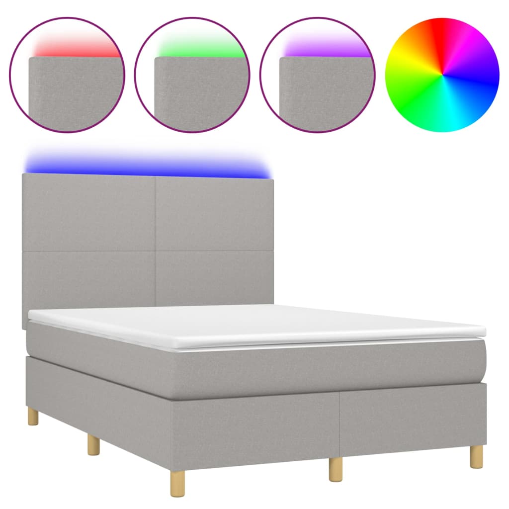 Krevet box spring s madracem LED svjetlosivi 140x200 cm tkanina