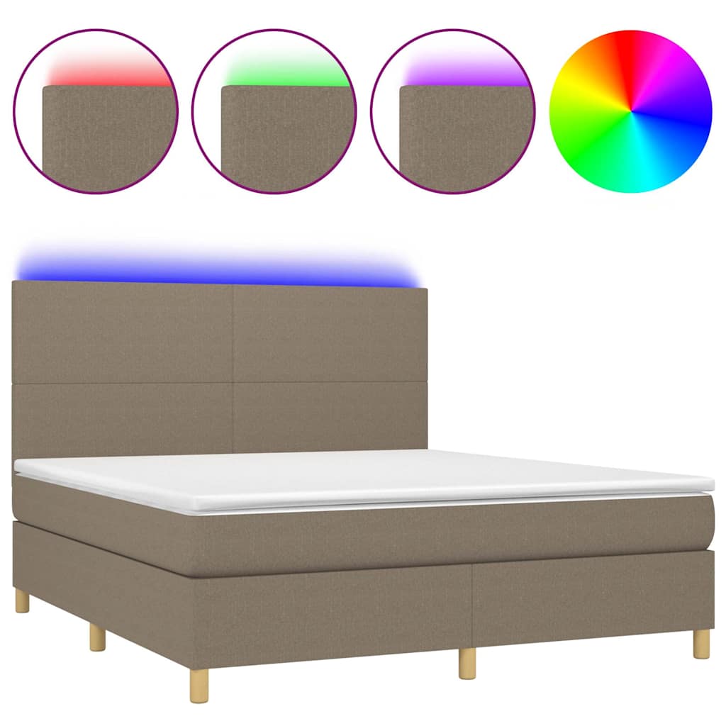 Krevet box spring s madracem LED smeđesivi 180x200 cm tkanina