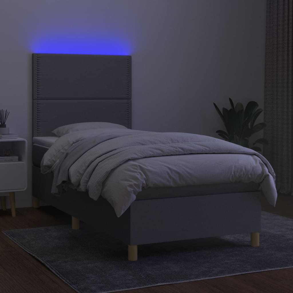 Krevet box spring s madracem LED svjetlosivi 90x190 cm tkanina
