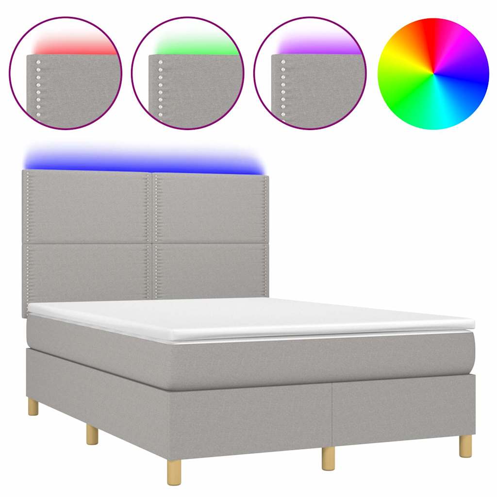 Krevet box spring s madracem LED svjetlosivi 140x190 cm tkanina