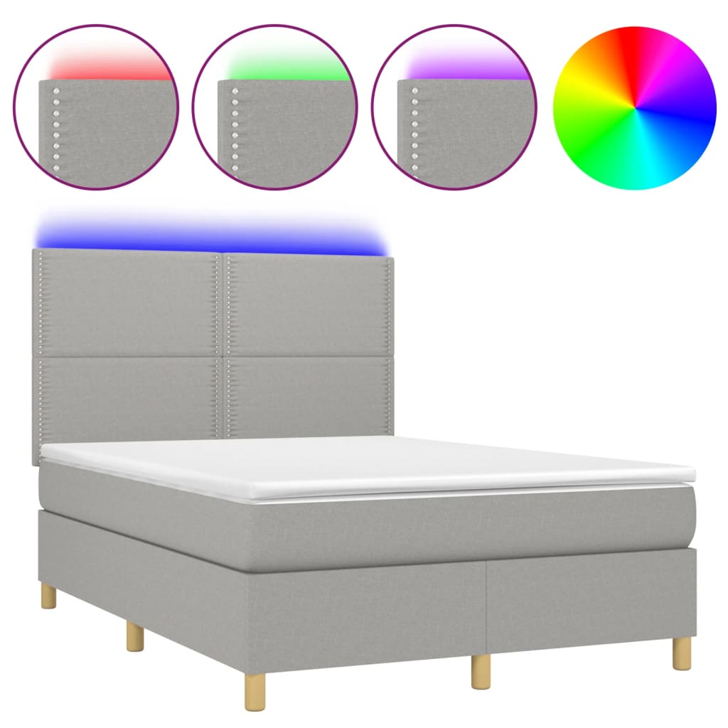 Krevet box spring s madracem LED svjetlosivi 140x190 cm tkanina