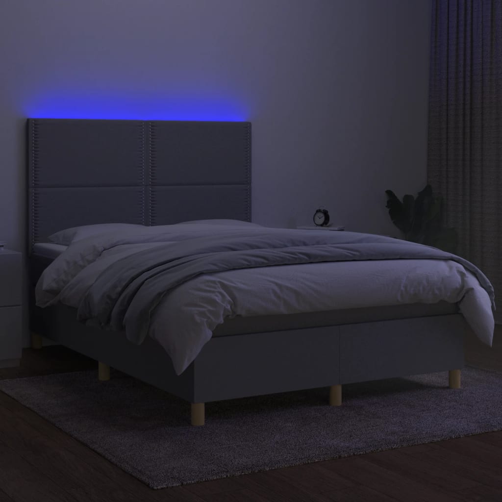 Krevet box spring s madracem LED svjetlosivi 140x190 cm tkanina