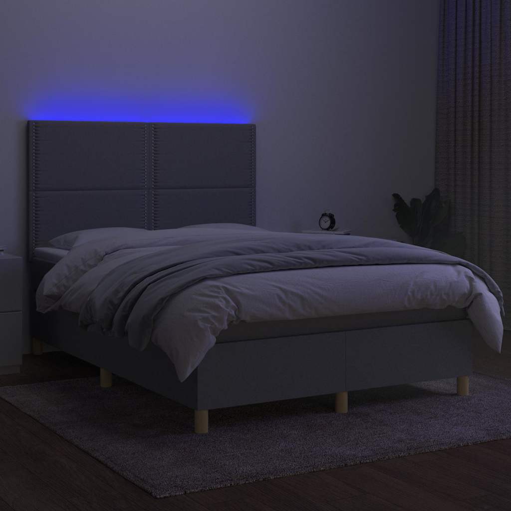 Krevet box spring s madracem LED svjetlosivi 140x190 cm tkanina