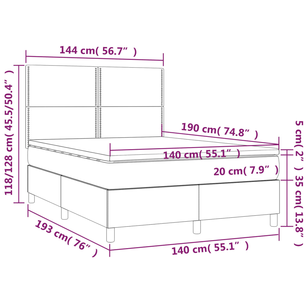 Krevet box spring s madracem LED svjetlosivi 140x190 cm tkanina