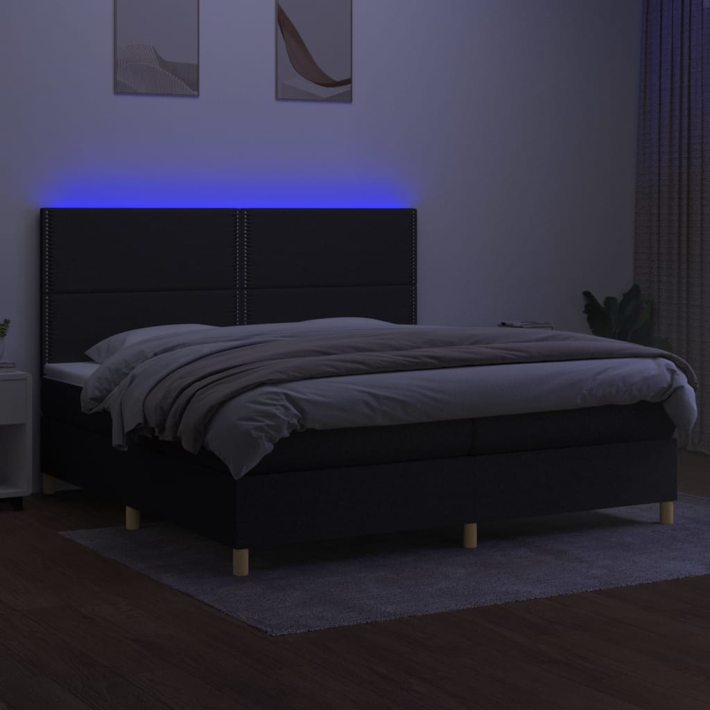 Krevet box spring s madracem LED crni 200x200 cm od tkanine