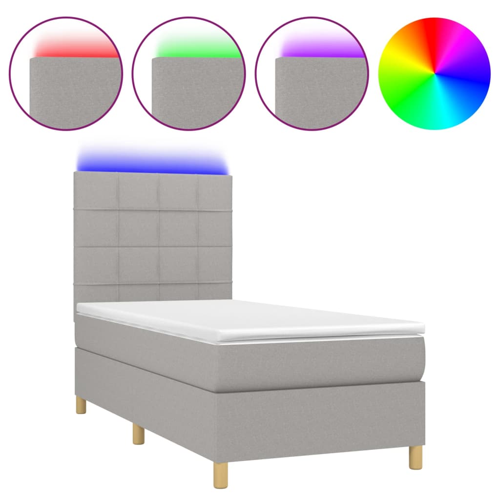 Krevet box spring s madracem LED svjetlosivi 90x200 cm tkanina