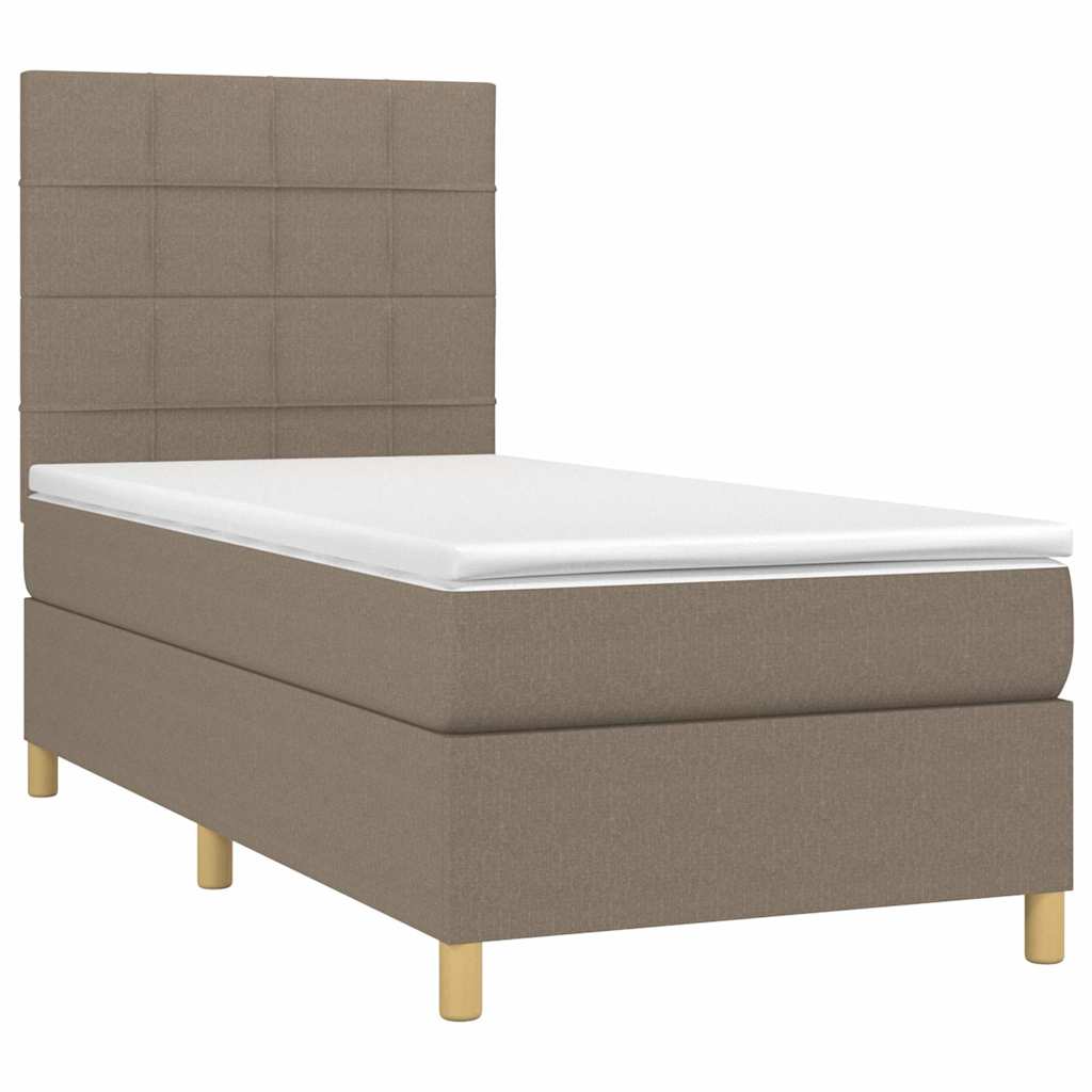 Krevet box spring s madracem LED smeđesivi 90x200 cm tkanina