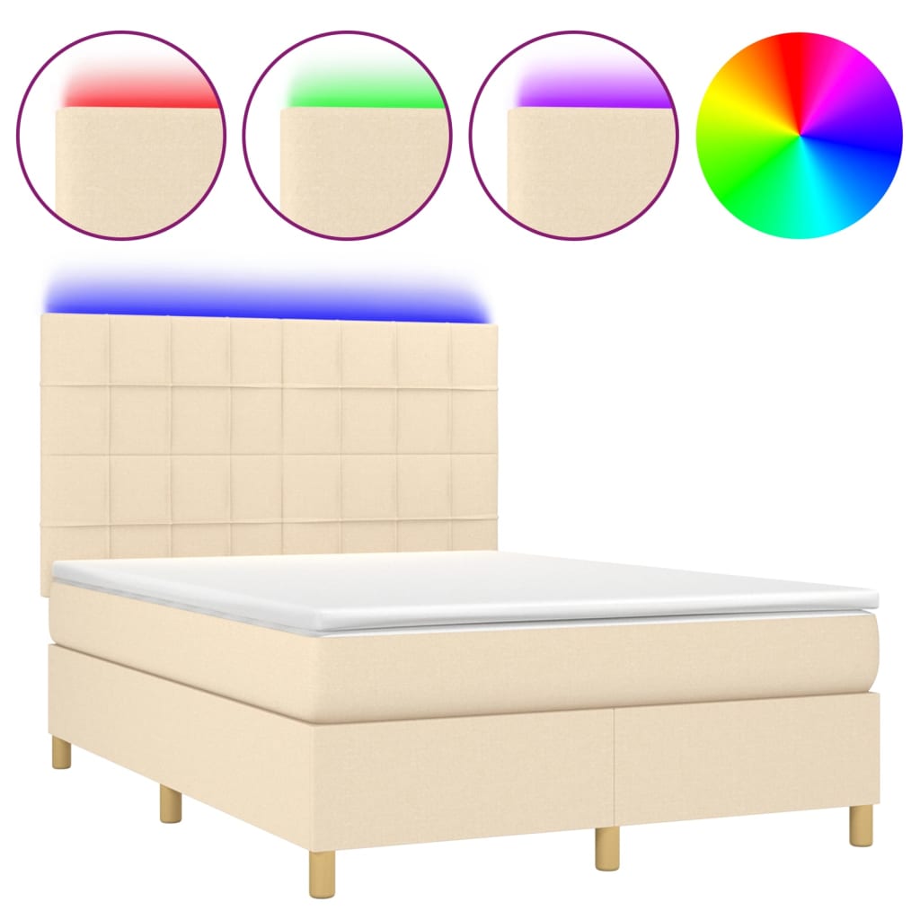 Krevet box spring s madracem LED krem 140x190 cm od tkanine