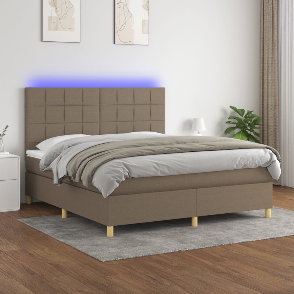 Krevet box spring s madracem LED smeđesivi 160x200 cm tkanina