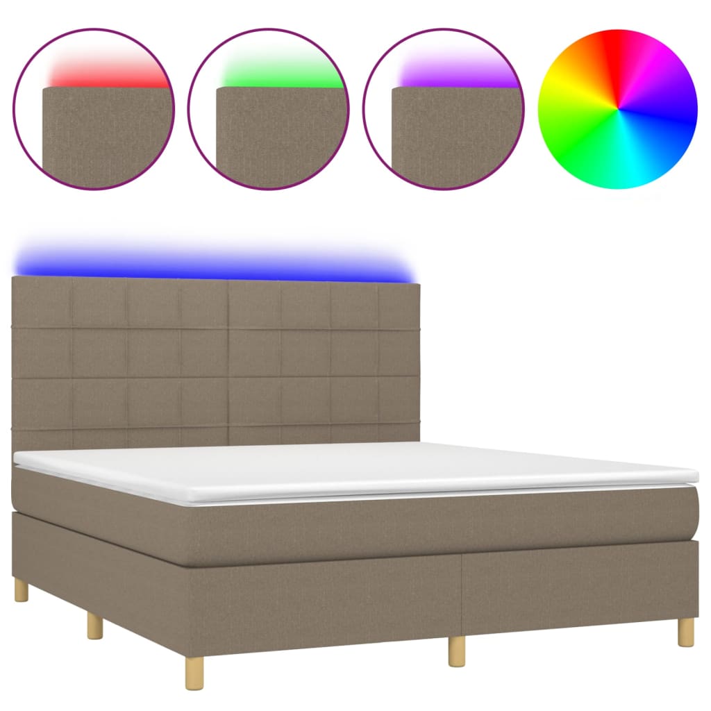 Krevet box spring s madracem LED smeđesivi 180x200 cm tkanina