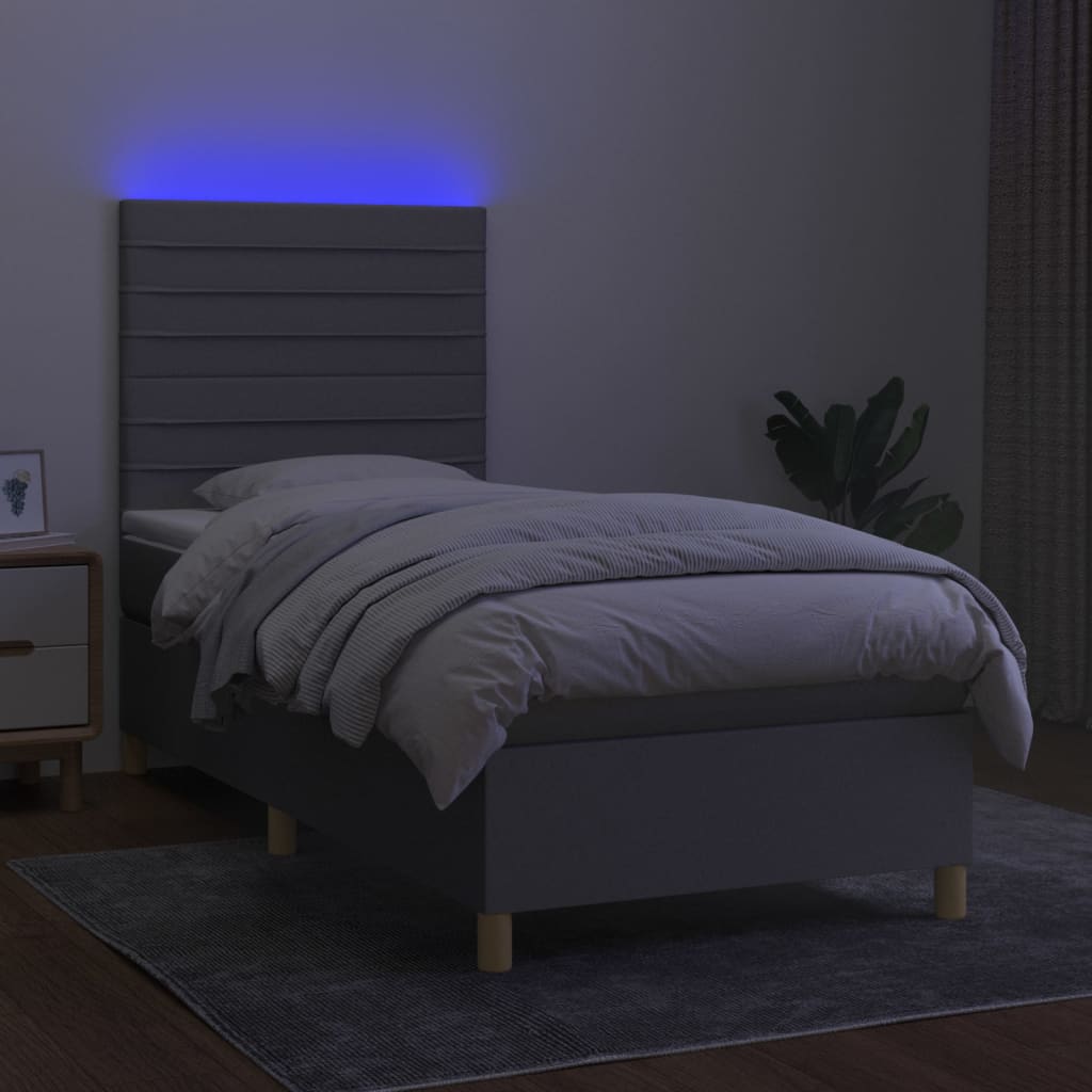 Krevet box spring s madracem LED svjetlosivi 90x190 cm tkanina