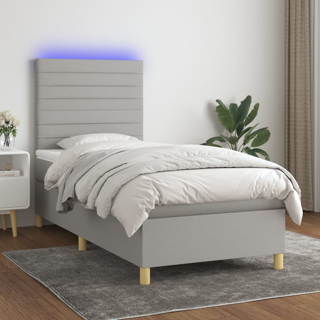 Krevet box spring s madracem LED svjetlosivi 90x190 cm tkanina