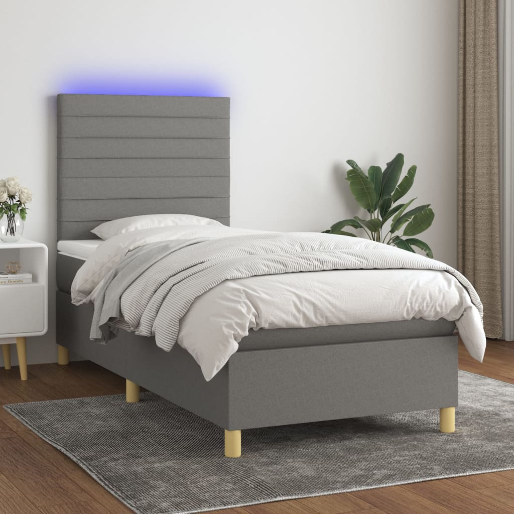 Krevet box spring s madracem LED tamnosivi 90x190 cm tkanina
