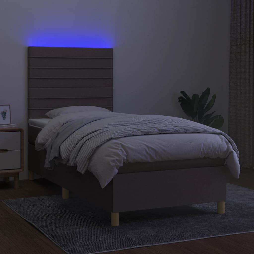 Krevet box spring s madracem LED smeđesivi 90x190 cm tkanina