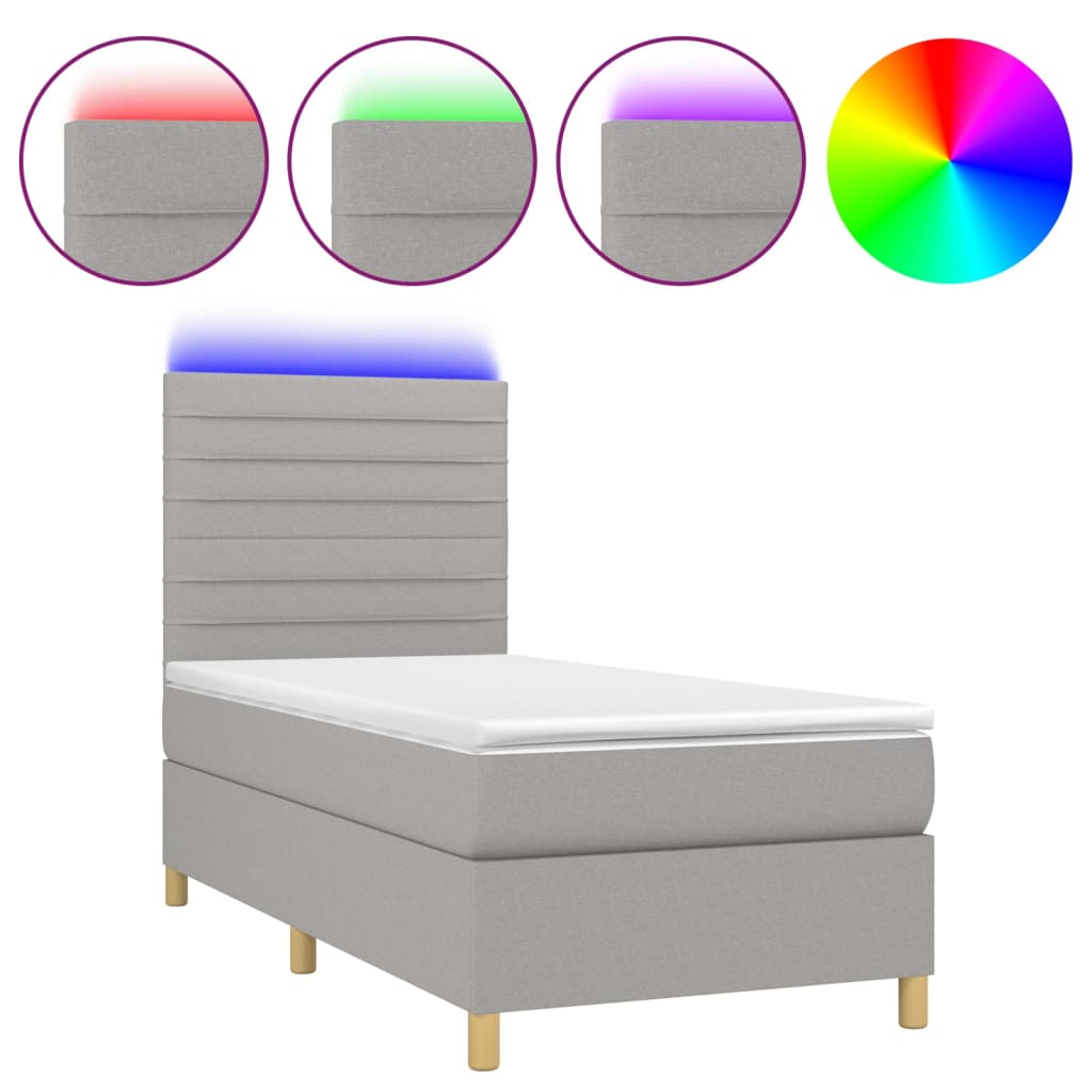 Krevet box spring s madracem LED svjetlosivi 90x200 cm tkanina