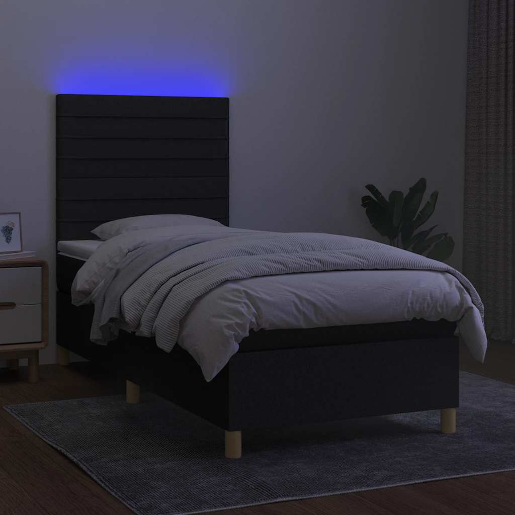 Krevet box spring s madracem LED crni 90x200 cm od tkanine