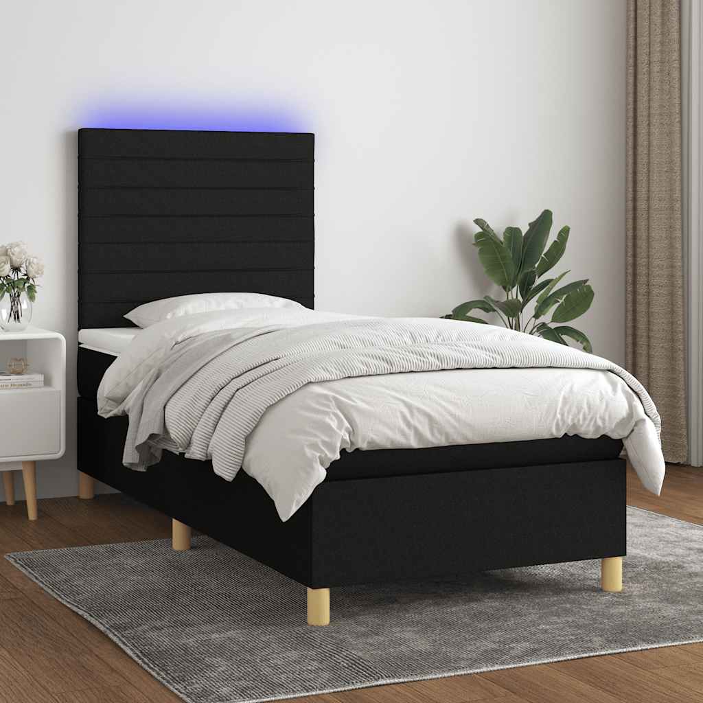 Krevet box spring s madracem LED crni 90x200 cm od tkanine