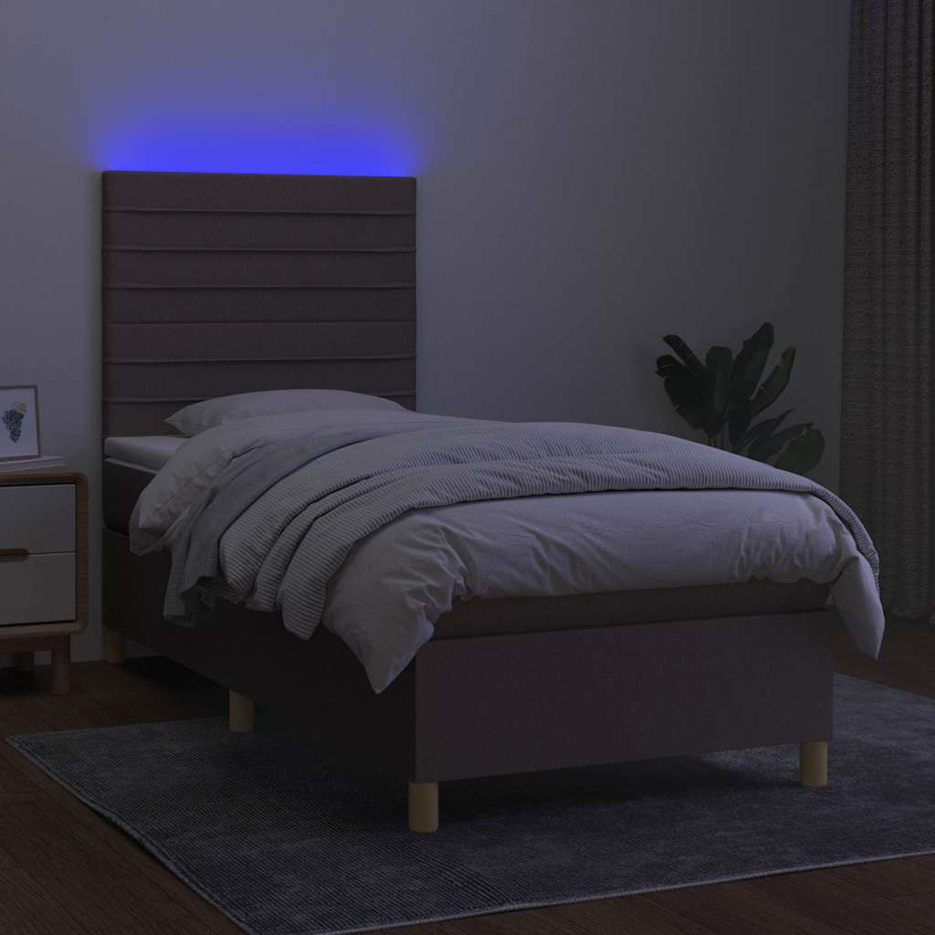 Krevet box spring s madracem LED smeđesivi 90x200 cm tkanina