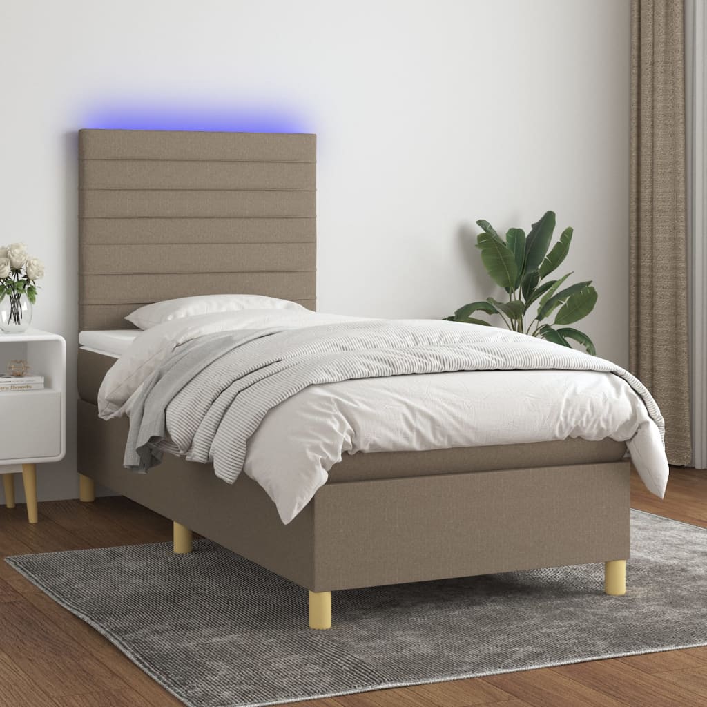 Krevet box spring s madracem LED smeđesivi 90x200 cm tkanina