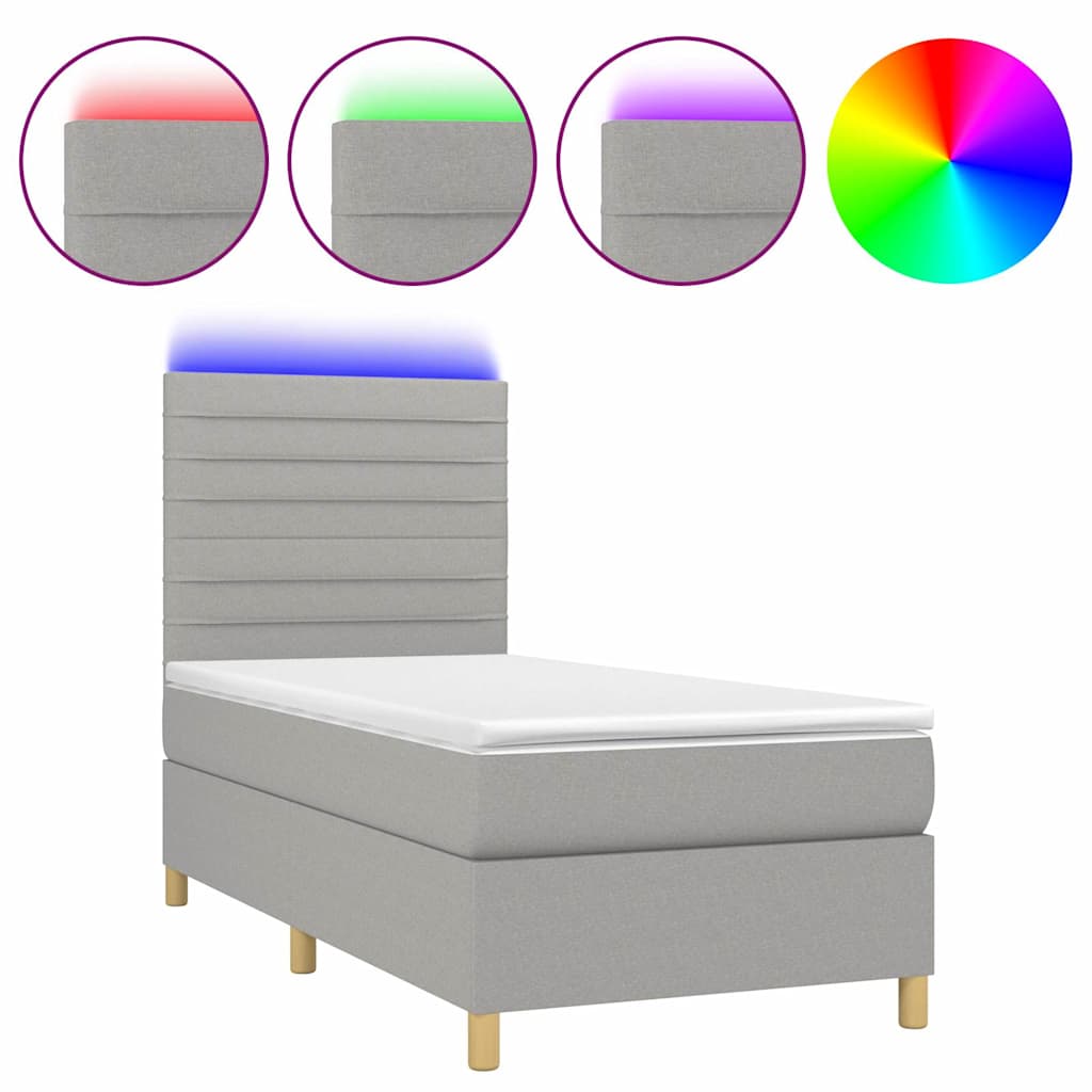 Krevet box spring s madracem LED svjetlosivi 100x200 cm tkanina