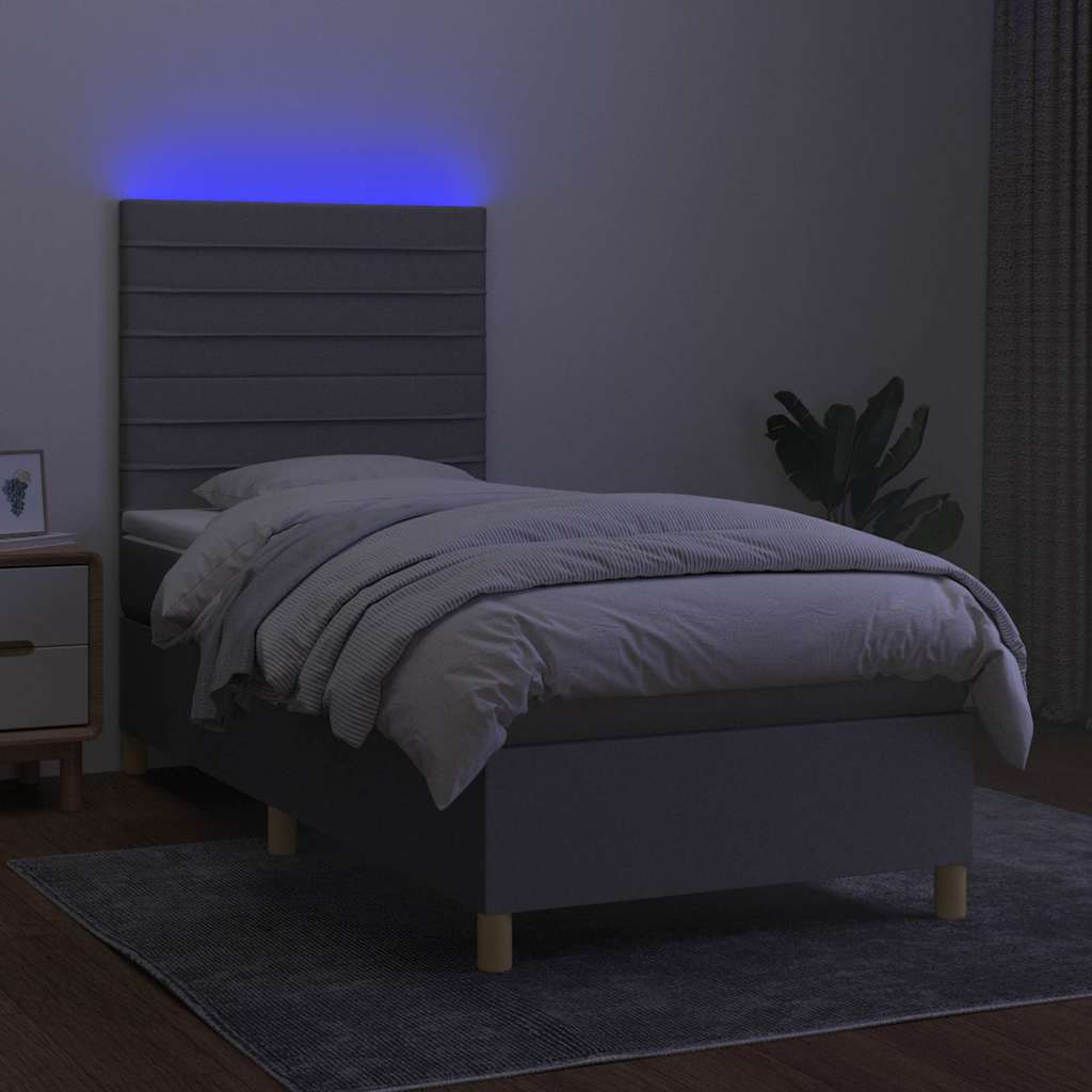 Krevet box spring s madracem LED svjetlosivi 100x200 cm tkanina