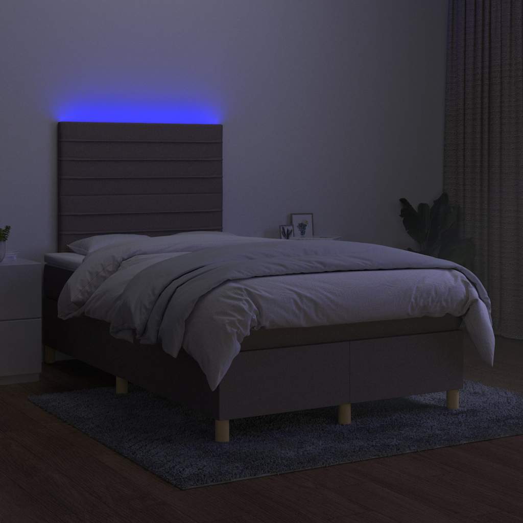 Krevet box spring s madracem LED smeđesivi 120 x 200 cm tkanina