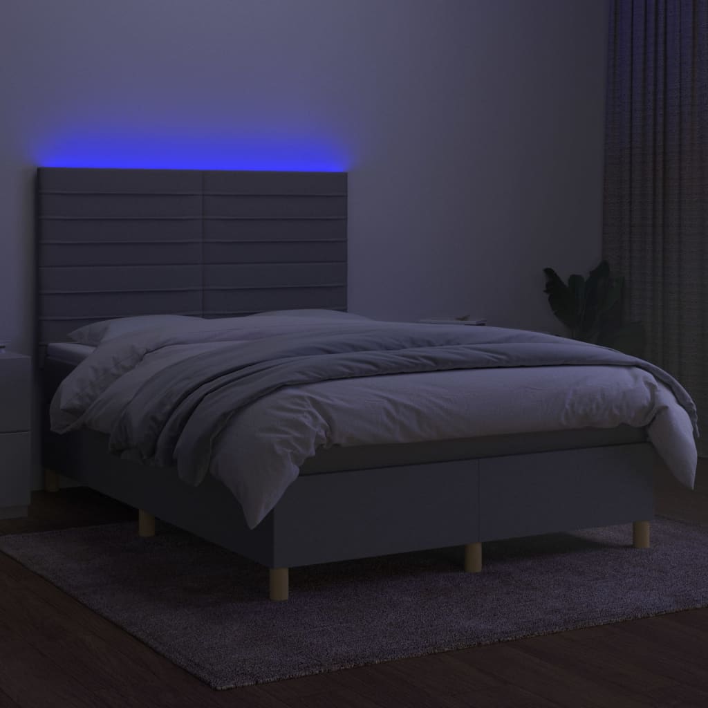 Krevet box spring s madracem LED svjetlosivi 140x190 cm tkanina