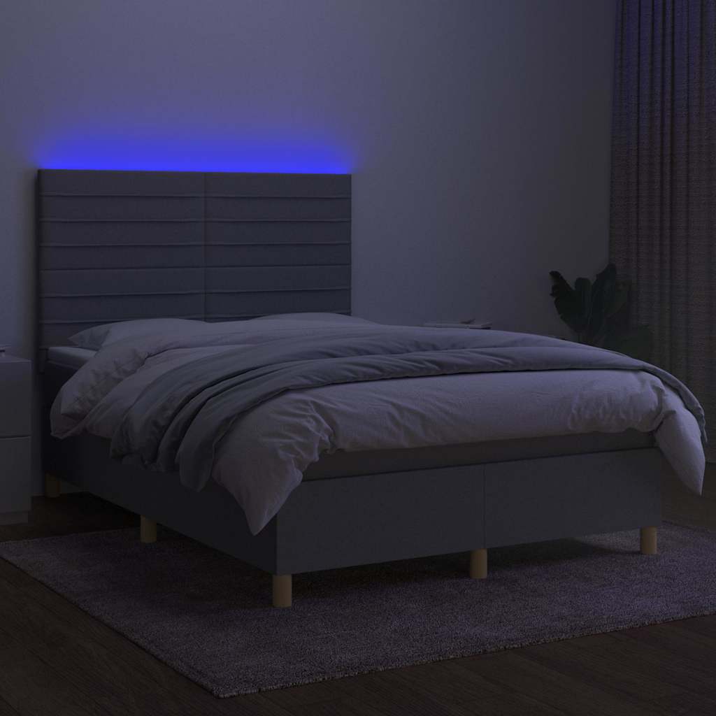 Krevet box spring s madracem LED svjetlosivi 140x190 cm tkanina