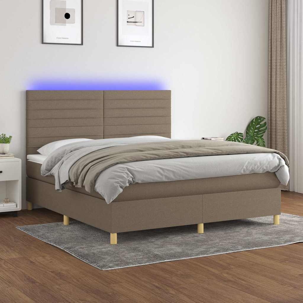 Krevet box spring s madracem LED smeđesivi 180x200 cm tkanina