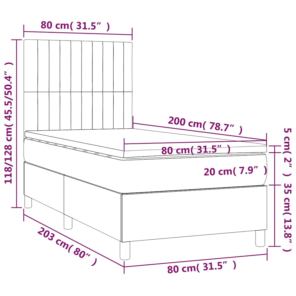 Krevet box spring s madracem LED krem 80 x 200 cm od tkanine