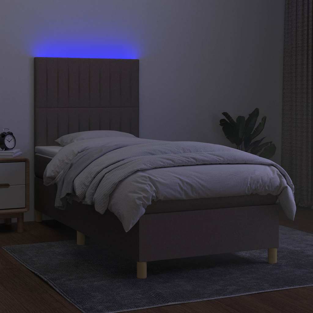 Krevet box spring s madracem LED smeđesivi 90x190 cm tkanina