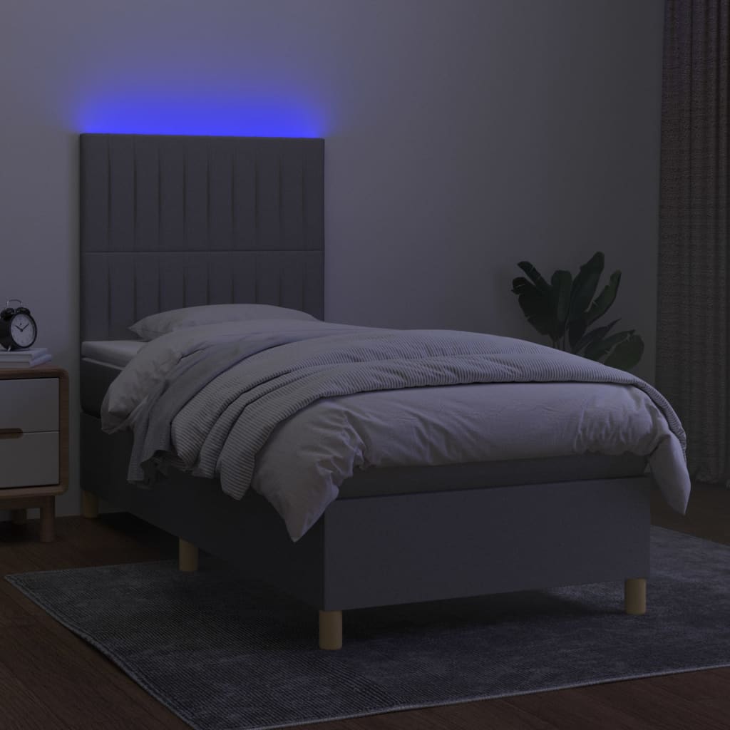 Krevet box spring s madracem LED svjetlosivi 90x200 cm tkanina