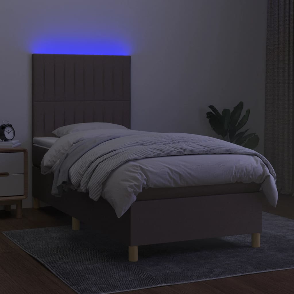 Krevet box spring s madracem LED smeđesivi 90x200 cm tkanina