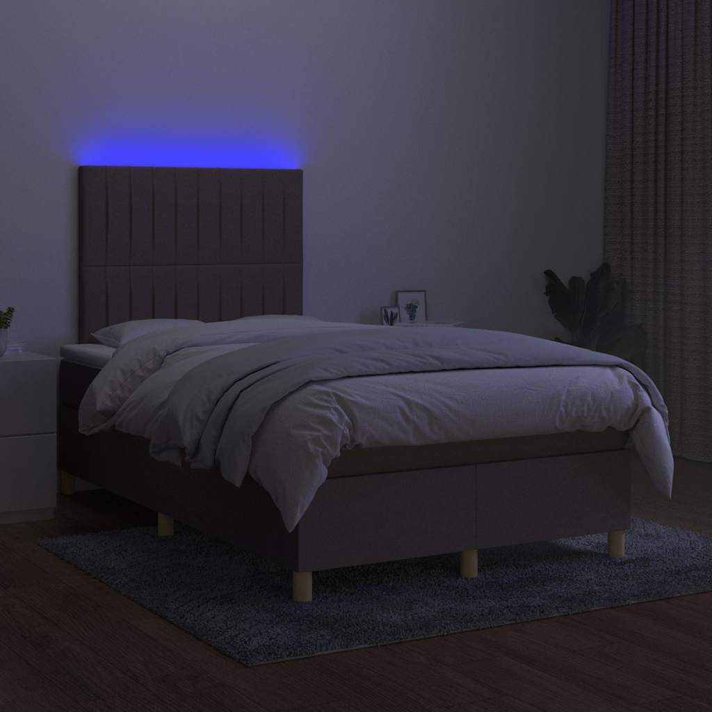 Krevet box spring s madracem LED smeđesivi 120 x 200 cm tkanina