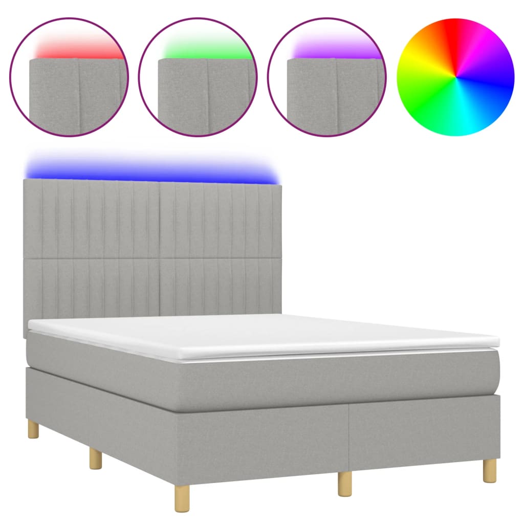 Krevet box spring s madracem LED svjetlosivi 140x190 cm tkanina
