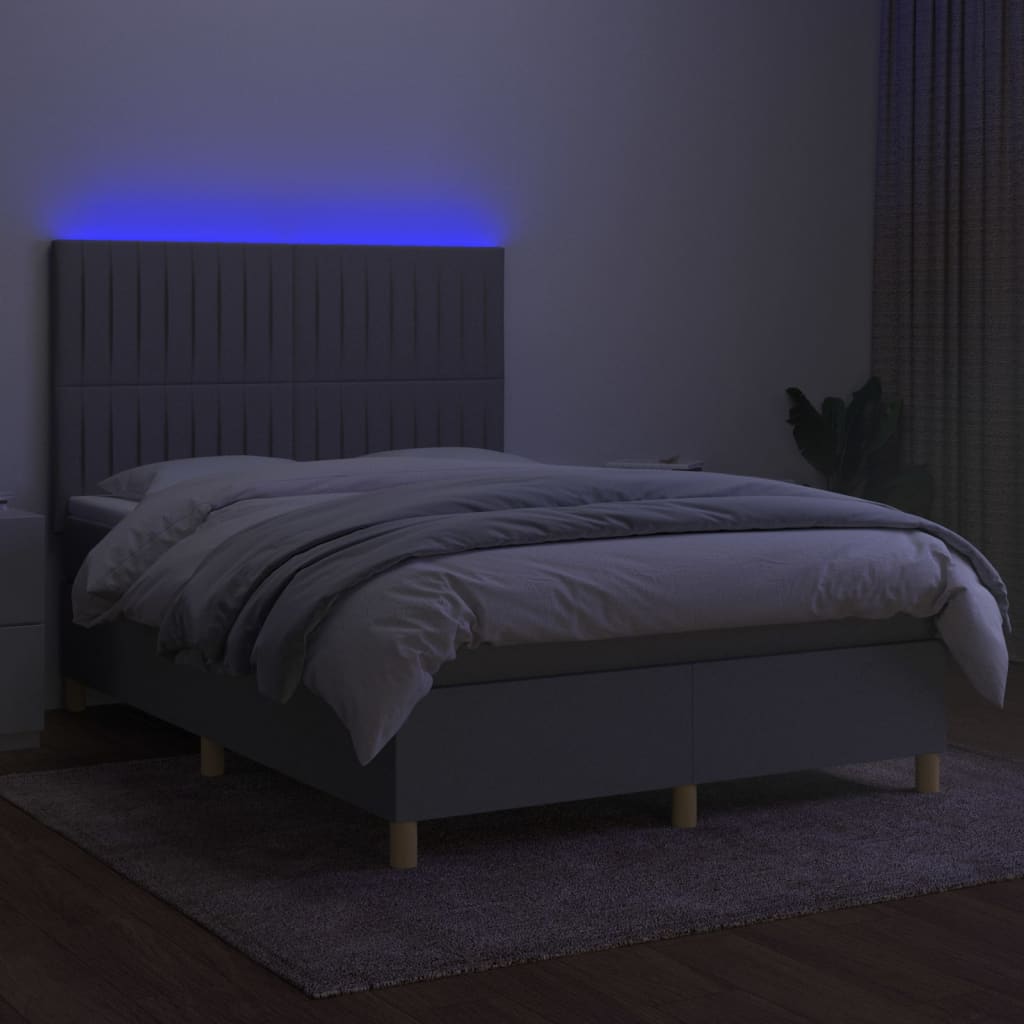 Krevet box spring s madracem LED svjetlosivi 140x200 cm tkanina