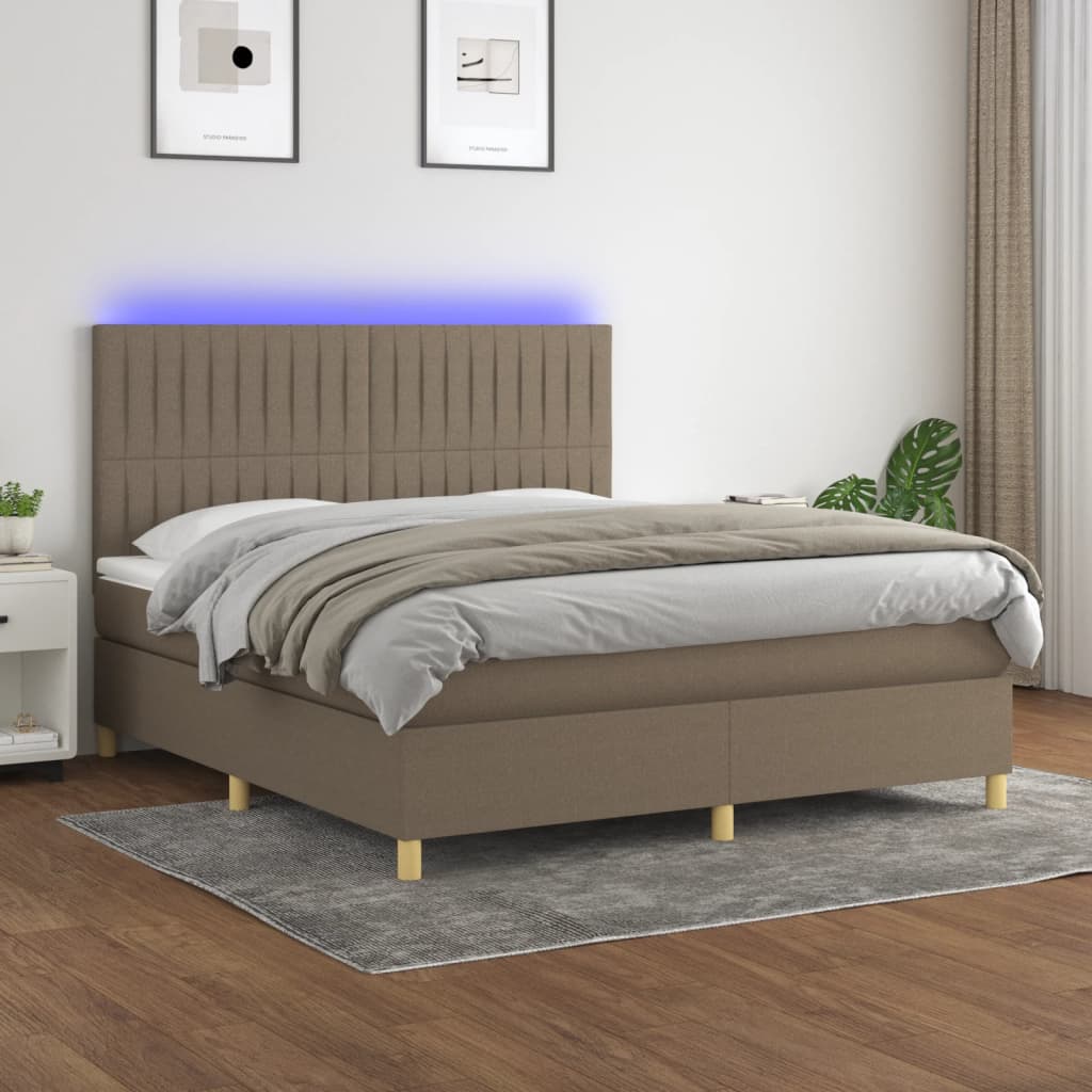 Krevet box spring s madracem LED smeđesivi 160x200 cm tkanina