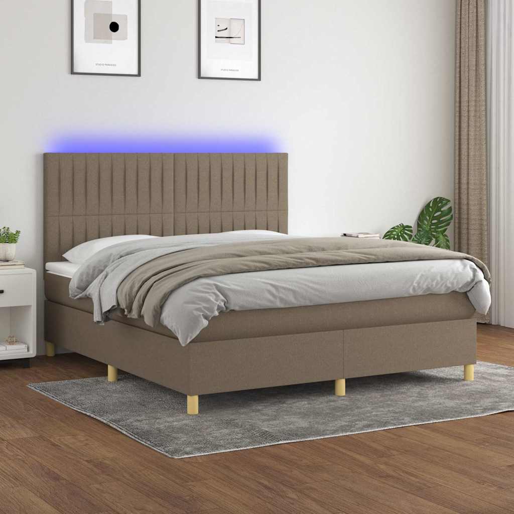Krevet box spring s madracem LED smeđesivi 160x200 cm tkanina