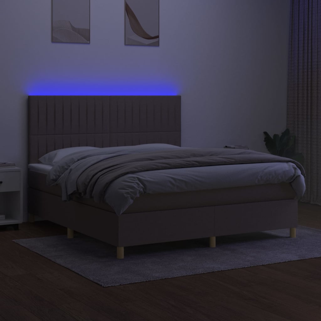 Krevet box spring s madracem LED smeđesivi 180x200 cm tkanina