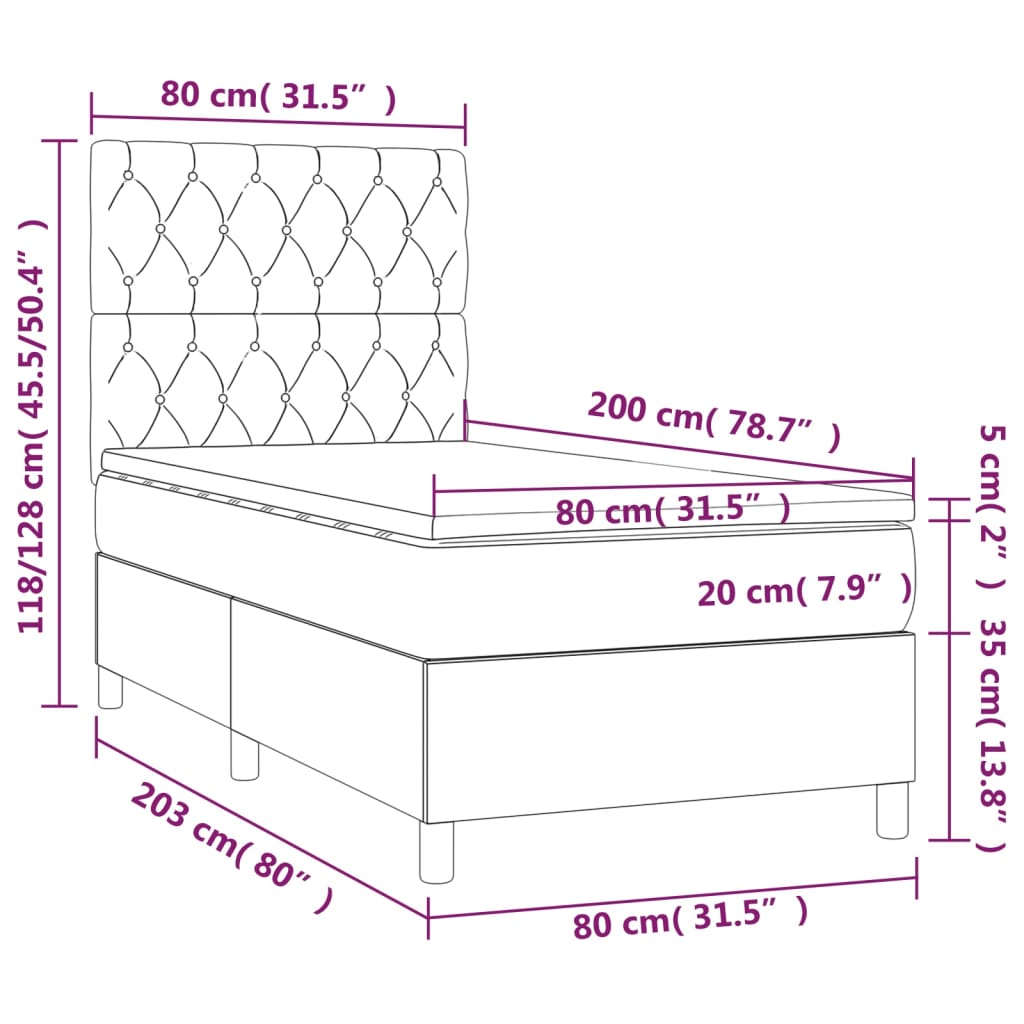Krevet box spring s madracem LED smeđesivi 80 x 200 cm tkanina