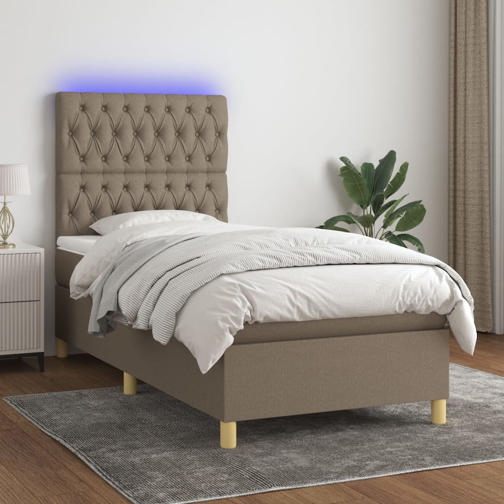 Krevet box spring s madracem LED smeđesivi 90x190 cm tkanina