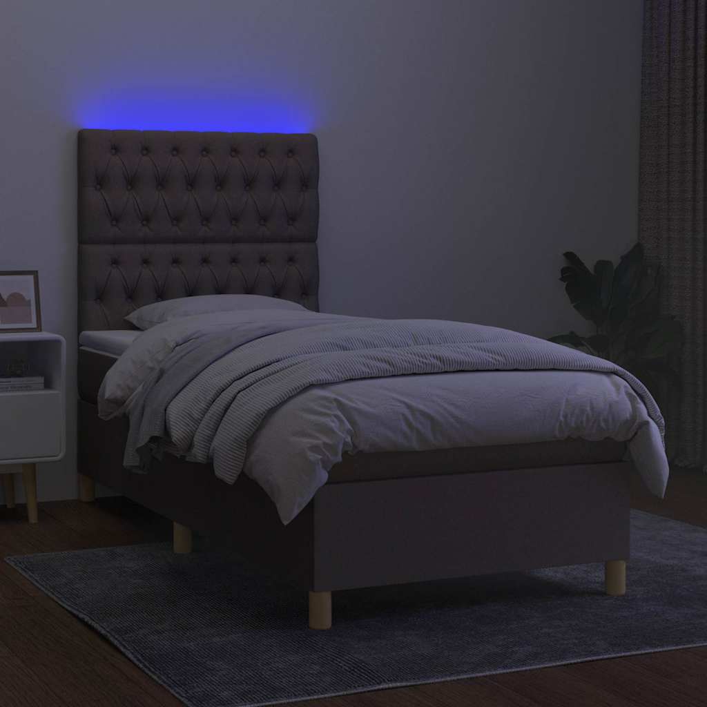 Krevet box spring s madracem LED smeđesivi 90x200 cm tkanina