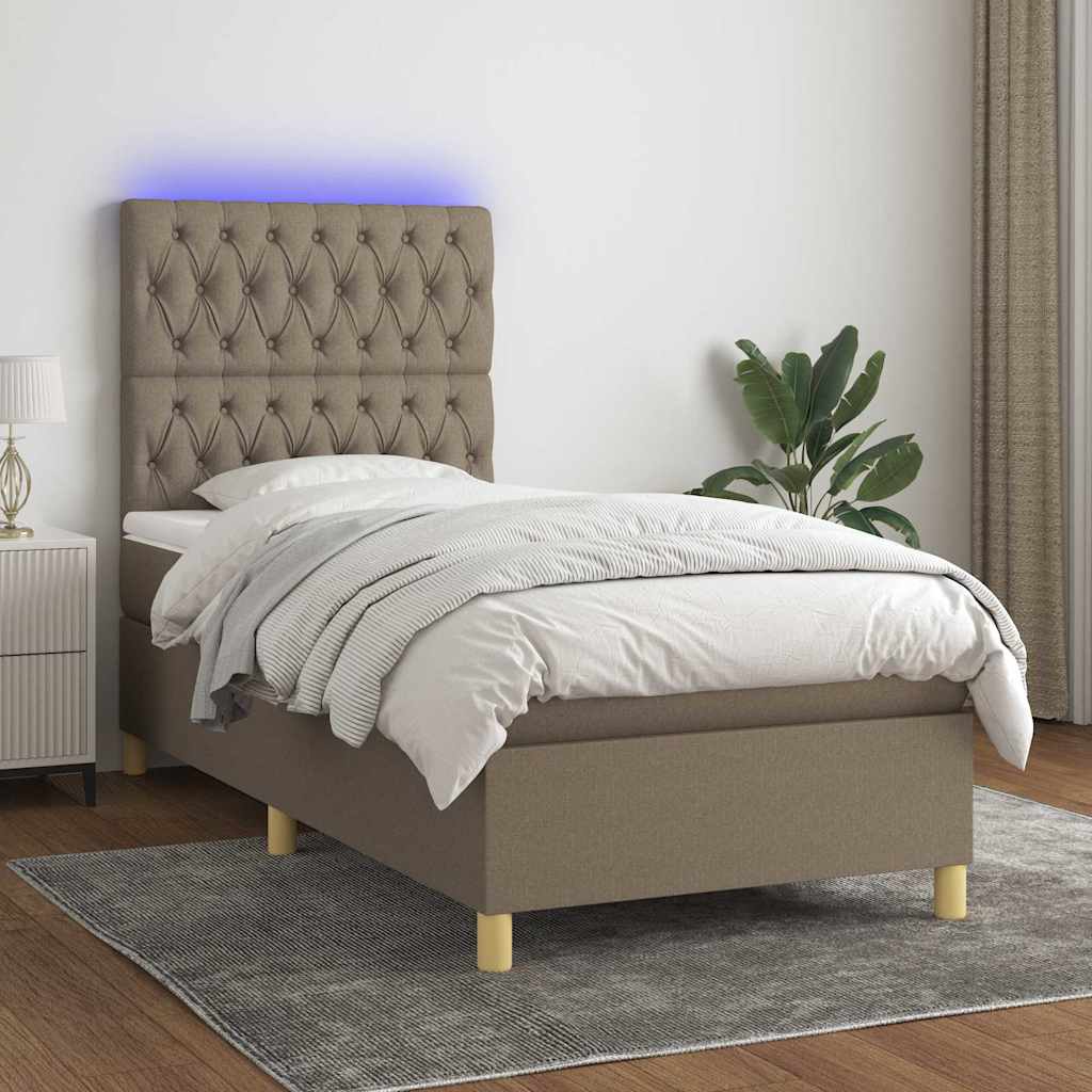 Krevet box spring s madracem LED smeđesivi 90x200 cm tkanina