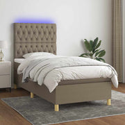 Krevet box spring s madracem LED smeđesivi 90x200 cm tkanina