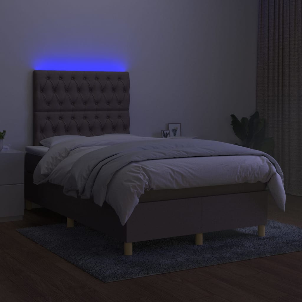 Krevet box spring s madracem LED smeđesivi 120 x 200 cm tkanina